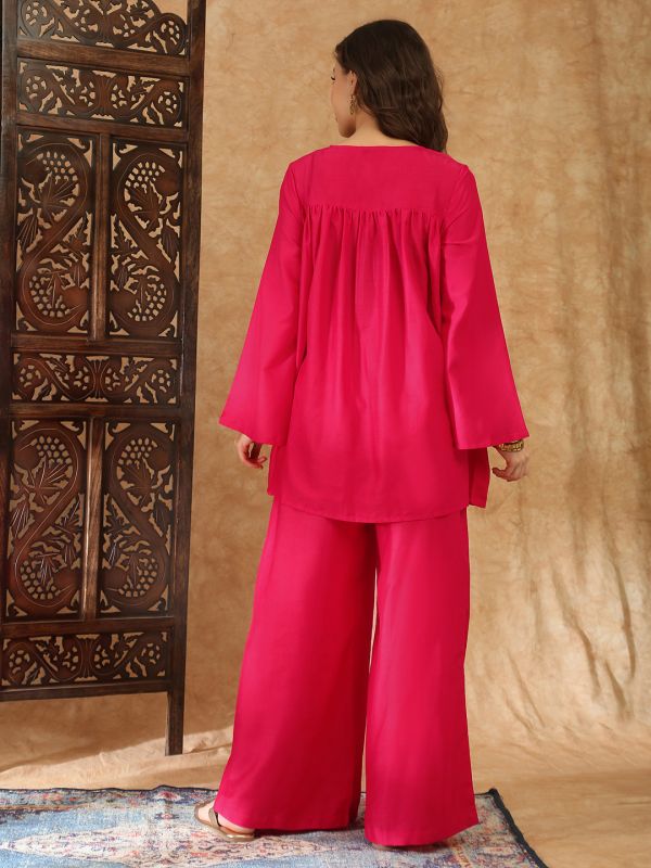 Globus Women Pink Sequin Embroidered Yoke Bell Sleeves Gathered Detail Tunic With Palazzos Fusion Co-Ord Set