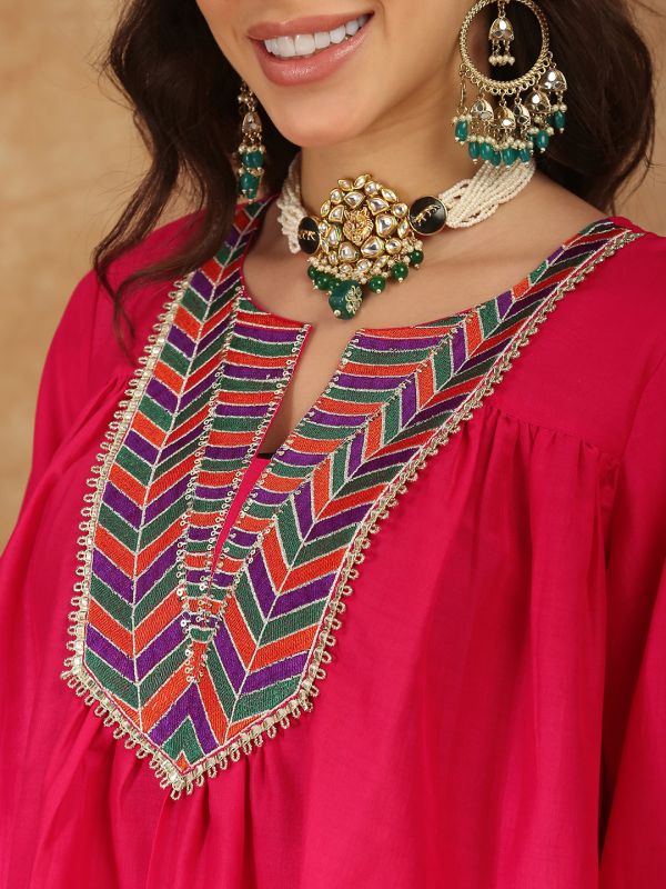 Globus Women Pink Sequin Embroidered Yoke Bell Sleeves Gathered Detail Tunic With Palazzos Fusion Co-Ord Set
