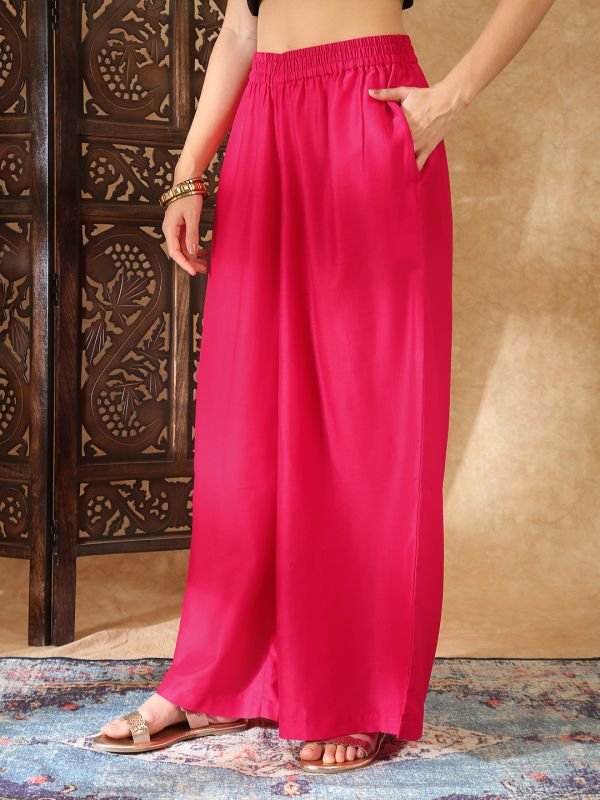 Globus Women Pink Sequin Embroidered Yoke Bell Sleeves Gathered Detail Tunic With Palazzos Fusion Co-Ord Set