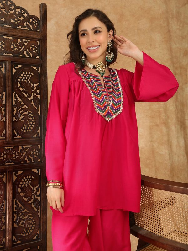 Globus Women Pink Sequin Embroidered Yoke Bell Sleeves Gathered Detail Tunic With Palazzos Fusion Co-Ord Set