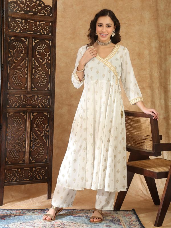 Globus Women Off White V-Neck Ethnic Gold Foil Print Zari Embroidered Mirror Work Detail Angrakha A-Line Kurta with Trouser Festive Set