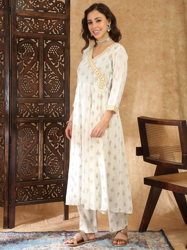 Globus Women Off White V-Neck Ethnic Gold Foil Print Zari Embroidered Mirror Work Detail Angrakha A-Line Kurta with Trouser Festive Set