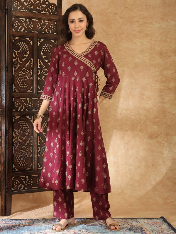 Globus Women Wine V-Neck Ethnic Gold Foil Print Zari Embroidered Mirror Work Detail Angrakha A-Line Kurta with Trouser Festive Set