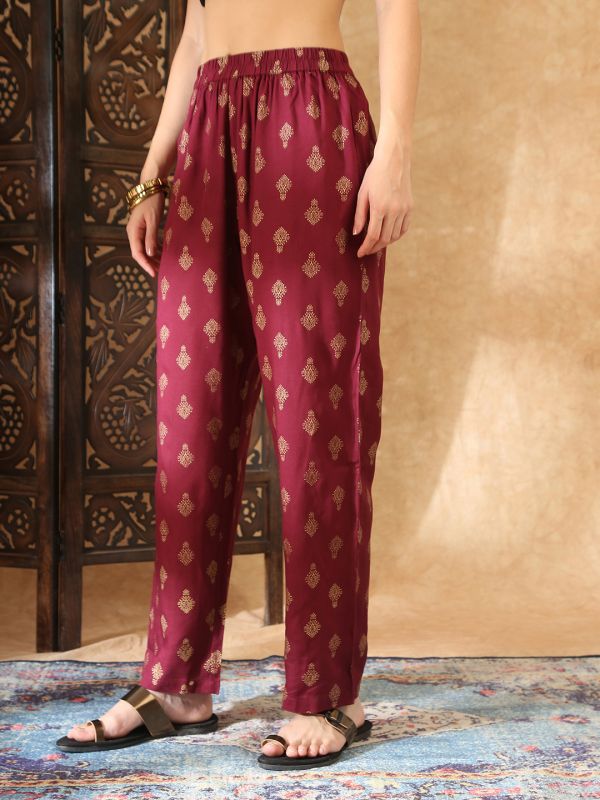 Globus Women Wine V-Neck Ethnic Gold Foil Print Zari Embroidered Mirror Work Detail Angrakha A-Line Kurta with Trouser Festive Set