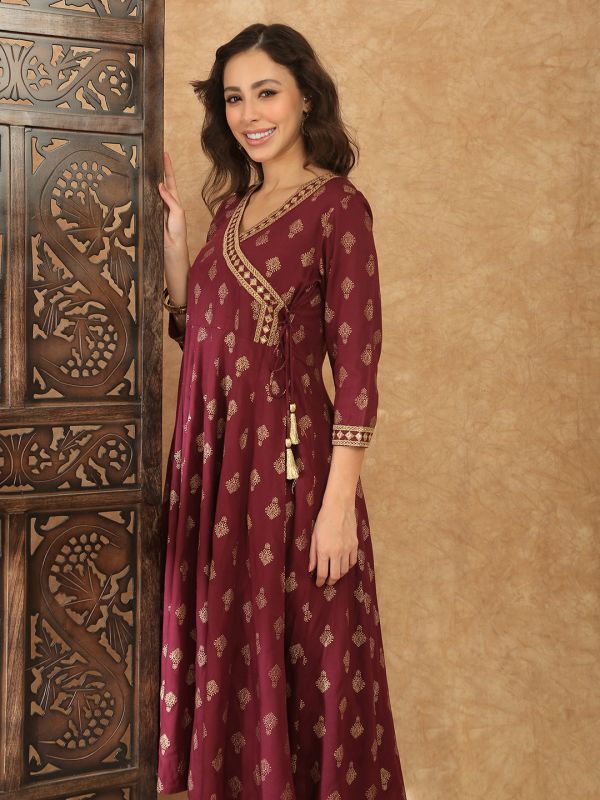 Globus Women Wine V-Neck Ethnic Gold Foil Print Zari Embroidered Mirror Work Detail Angrakha A-Line Kurta with Trouser Festive Set