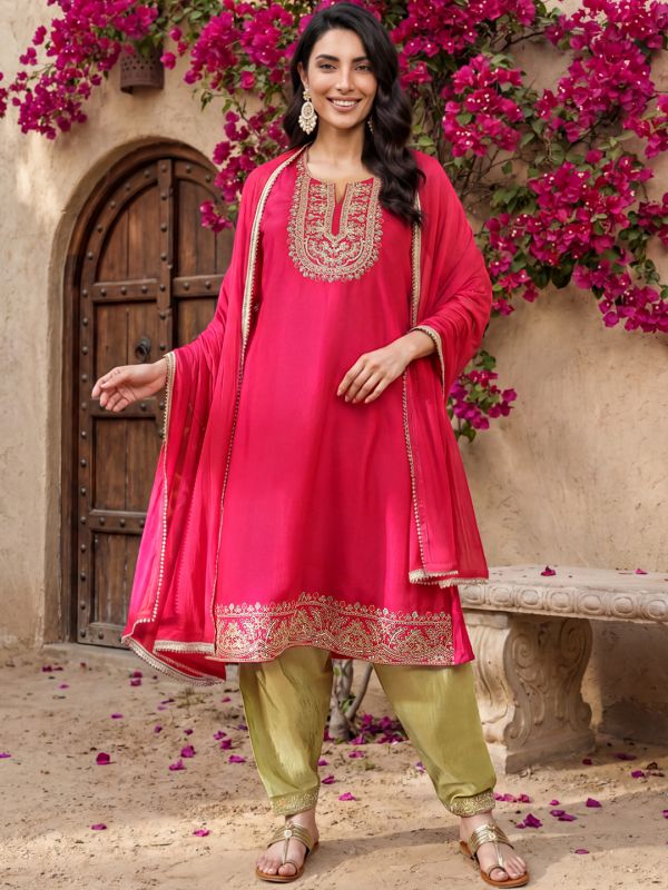 Globus Women Pink Round Neck Floral Zari Embroidered Yoke A-Line Kurta with Trousers & Taping Dupatta Festive Set