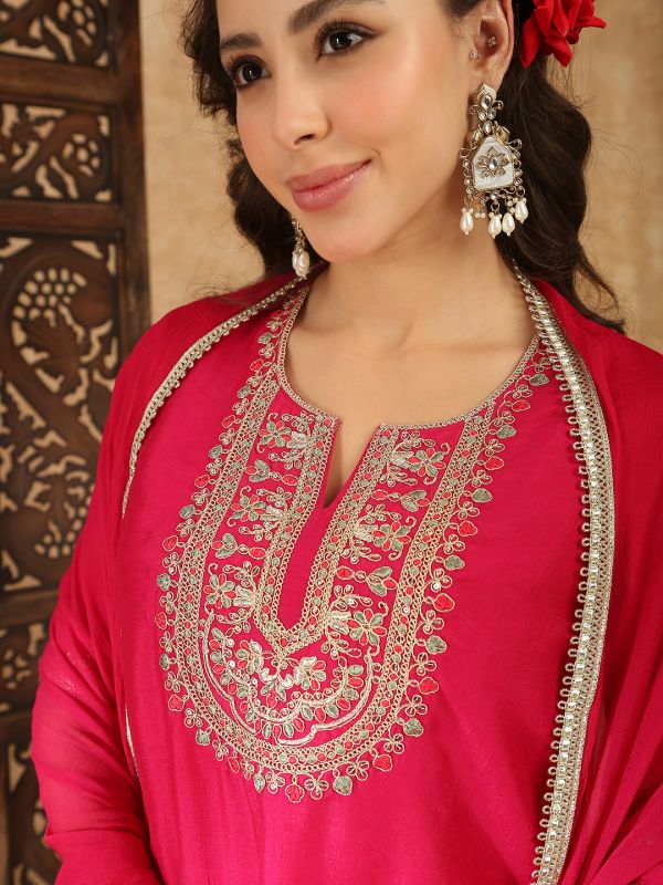 Globus Women Pink Round Neck Floral Zari Embroidered Yoke A-Line Kurta with Trousers & Taping Dupatta Festive Set