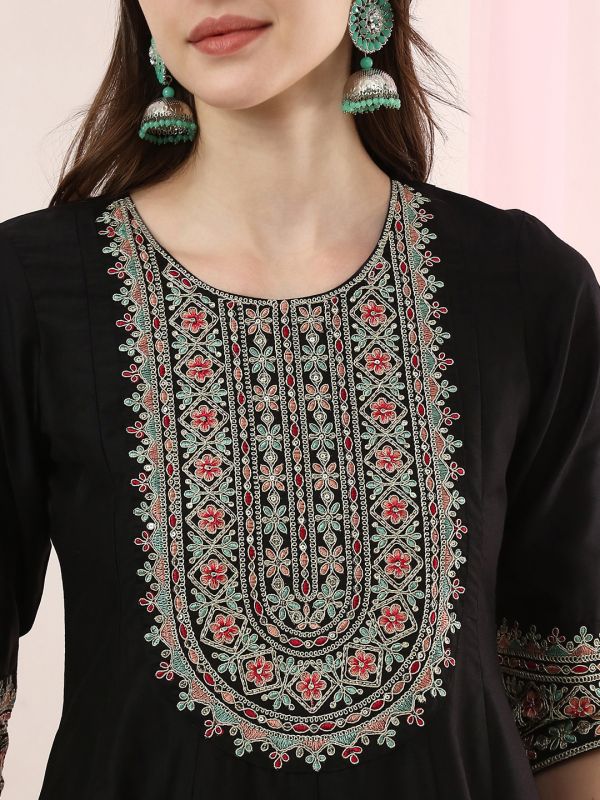 Globus Women Black Sequinned Embroidered Yoke A-Line Kurta with Pants & Scalloped Border Floral Printed Dupatta Festive Set