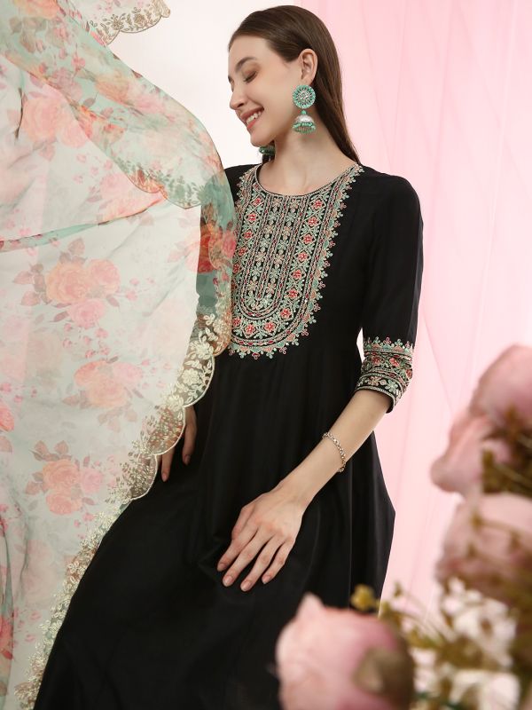 Globus Women Black Sequinned Embroidered Yoke A-Line Kurta with Pants & Scalloped Border Floral Printed Dupatta Festive Set