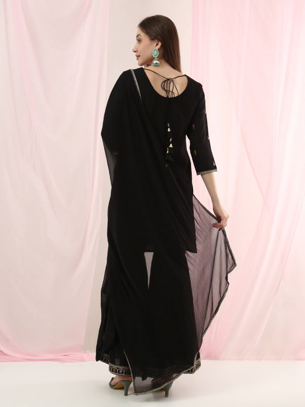 Globus Women Black Round Neck Sequinned & Mirror Embroidered Yoke Back Tie-Up Kurti With Pants & Dupatta Festive Set