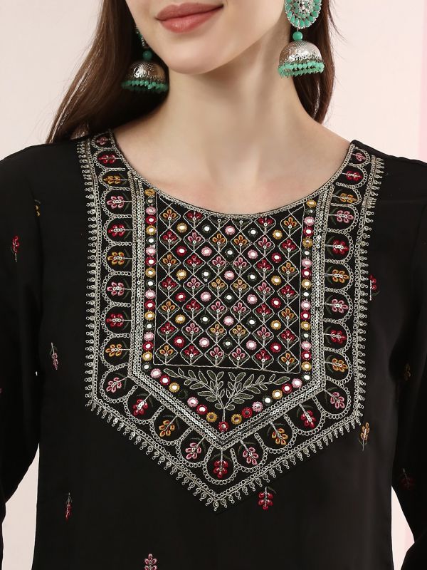 Globus Women Black Round Neck Sequinned & Mirror Embroidered Yoke Back Tie-Up Kurti With Pants & Dupatta Festive Set