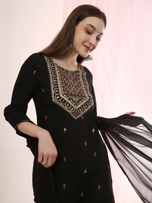 Globus Women Black Round Neck Sequinned & Mirror Embroidered Yoke Back Tie-Up Kurti With Pants & Dupatta Festive Set