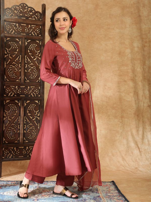 Globus Women Peach Square Neck Zari Embroidered Panelled Anarkali Kurta with Trousers and Dupatta Festive Set