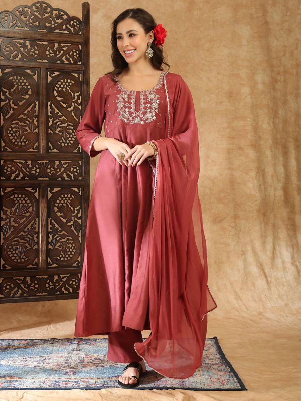 Globus Women Peach Square Neck Zari Embroidered Panelled Anarkali Kurta with Trousers and Dupatta Festive Set