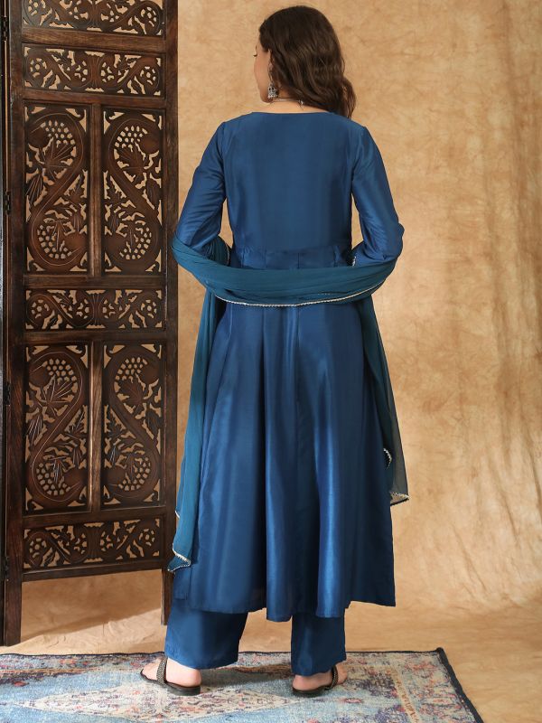 Globus Women Teal Square Neck Zari Embroidered Panelled Anarkali Kurta with Trousers and Dupatta Festive Set