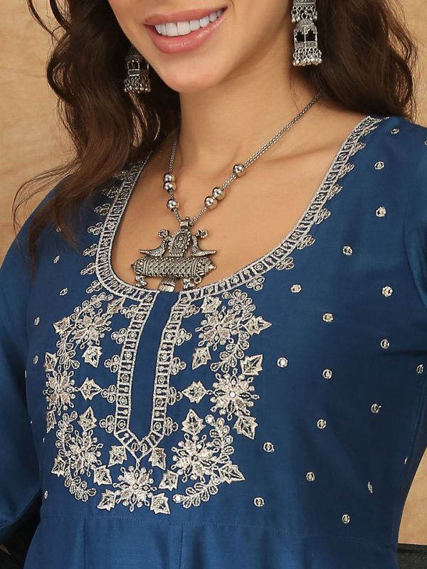 Globus Women Teal Square Neck Zari Embroidered Panelled Anarkali Kurta with Trousers and Dupatta Festive Set