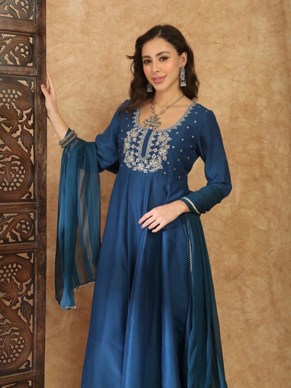 Globus Women Teal Square Neck Zari Embroidered Panelled Anarkali Kurta with Trousers and Dupatta Festive Set