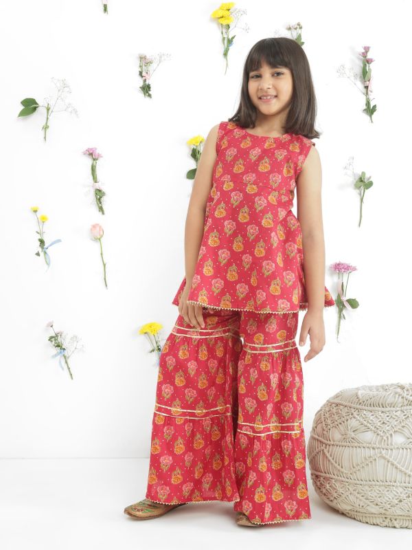 Globus Girls Maroon Round Neck Sleeveless Floral Print Gotta Patti Tunic With Sharara Festive Co-Ord Set