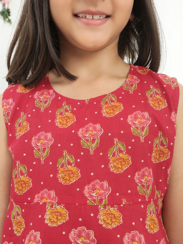 Globus Girls Maroon Round Neck Sleeveless Floral Print Gotta Patti Tunic With Sharara Festive Co-Ord Set