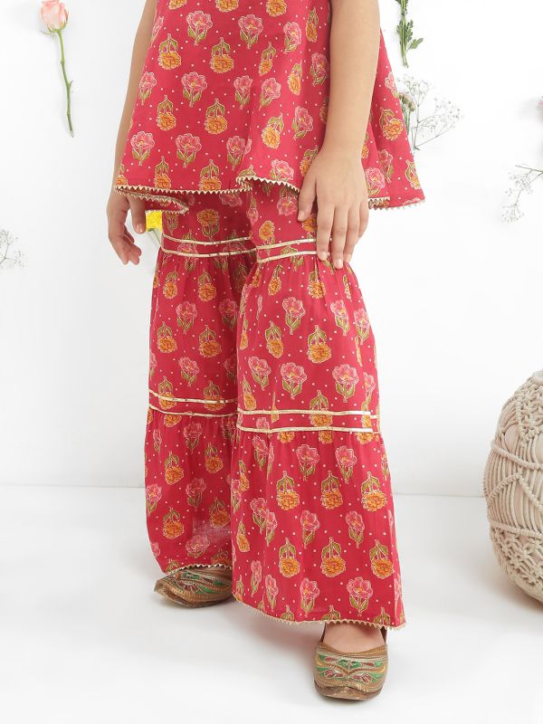 Globus Girls Maroon Round Neck Sleeveless Floral Print Gotta Patti Tunic With Sharara Festive Co-Ord Set