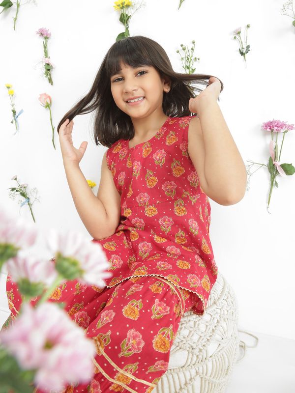 Globus Girls Maroon Round Neck Sleeveless Floral Print Gotta Patti Tunic With Sharara Festive Co-Ord Set