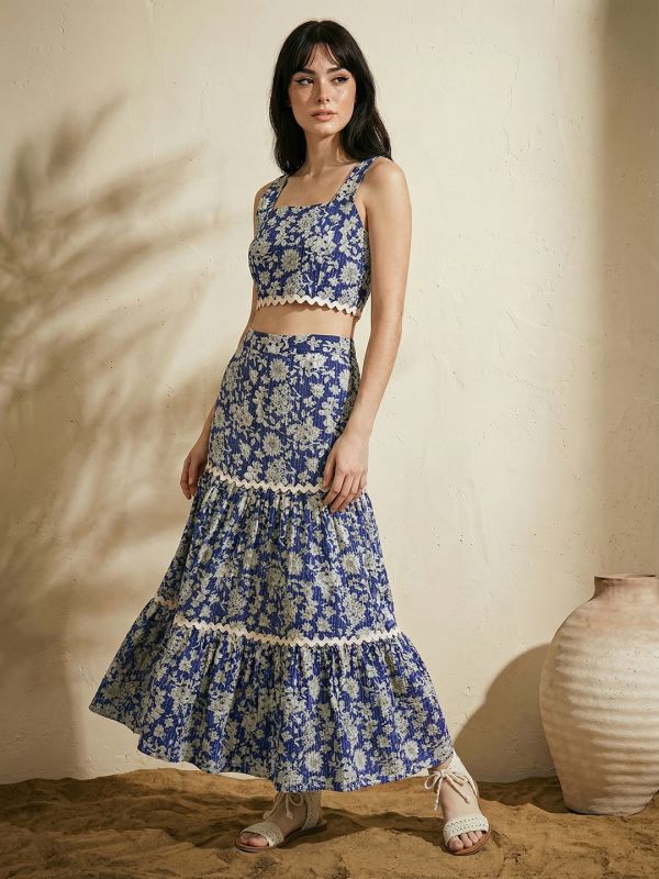 Globus Women Blue Floral Print Square Neck Lace Insert Crop Top With Tiered Maxi Skirt Ethnic Co-Ord Set