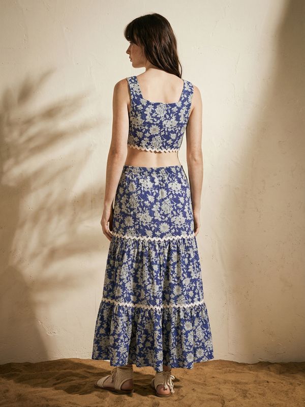 Globus Women Blue Floral Print Square Neck Lace Insert Crop Top With Tiered Maxi Skirt Ethnic Co-Ord Set