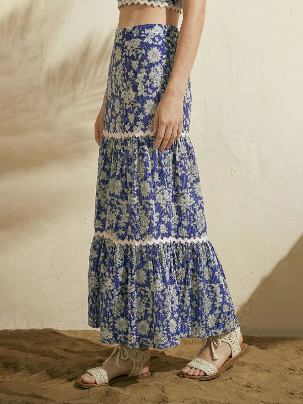 Globus Women Blue Floral Print Square Neck Lace Insert Crop Top With Tiered Maxi Skirt Ethnic Co-Ord Set