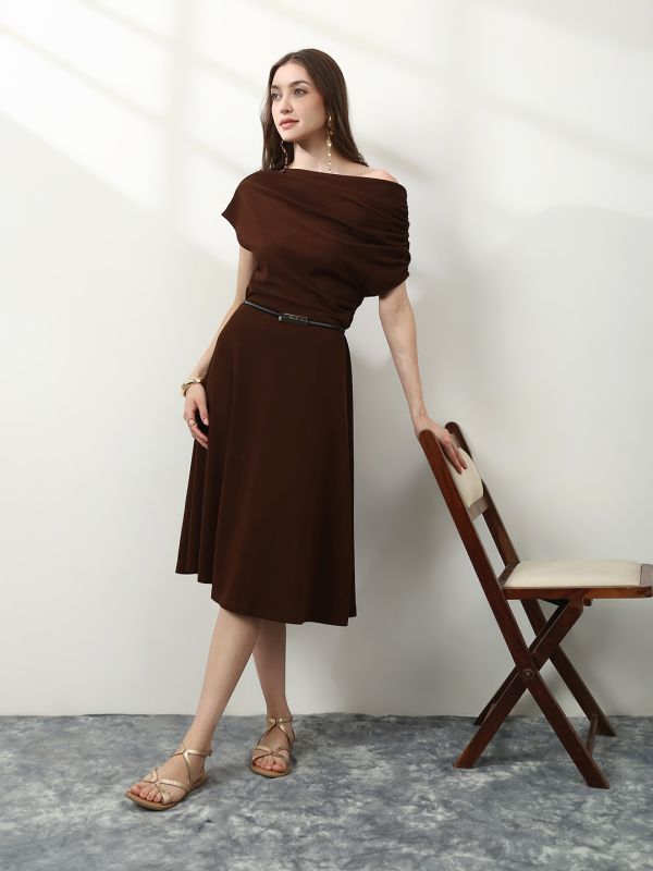 Globus Women Brown One Shoulder Gathered Detail Fit & Flare Midi Party Wear Dress