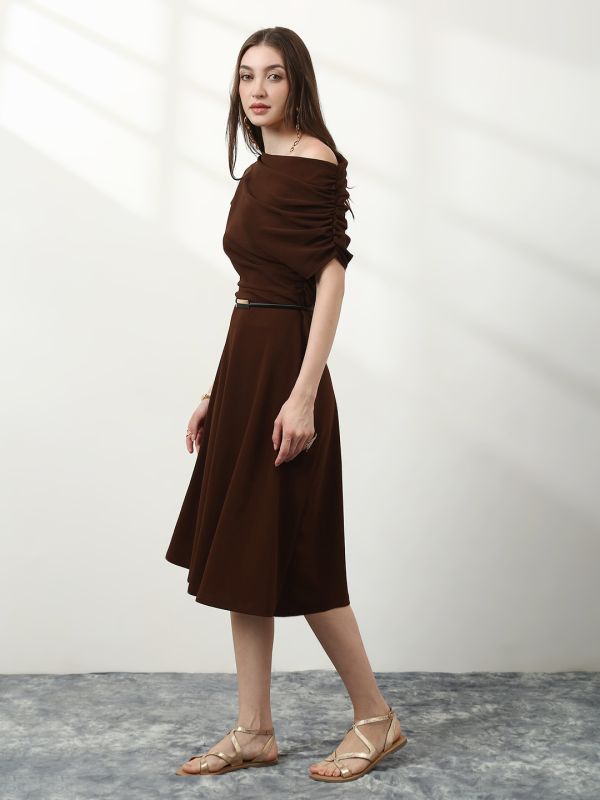 Globus Women Brown One Shoulder Gathered Detail Fit & Flare Midi Party Wear Dress