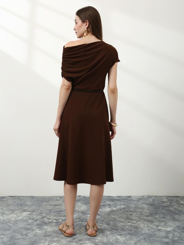 Globus Women Brown One Shoulder Gathered Detail Fit & Flare Midi Party Wear Dress