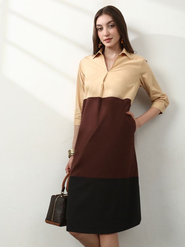 Globus Women Brown Collared Neck Pleated Colorblock A-Line Midi Workwear Dress