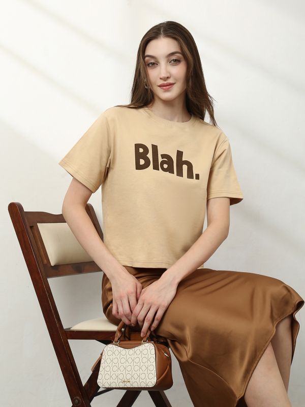Globus Women Beige Round Neck Short Sleeves Typography Print Oversize T-Shirt