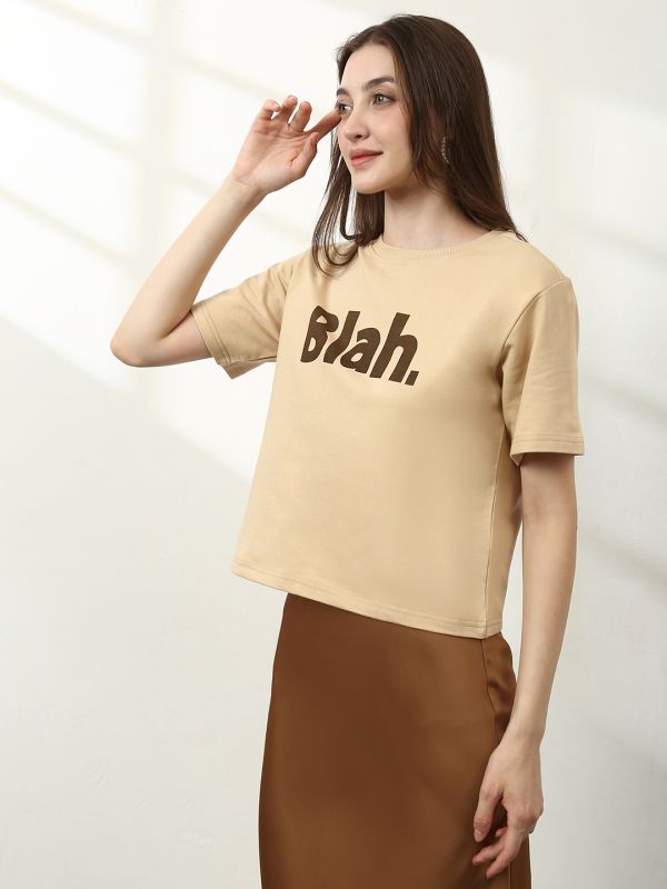 Globus Women Beige Round Neck Short Sleeves Typography Print Oversize T-Shirt