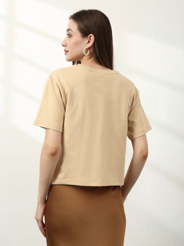 Globus Women Beige Round Neck Short Sleeves Typography Print Oversize T-Shirt