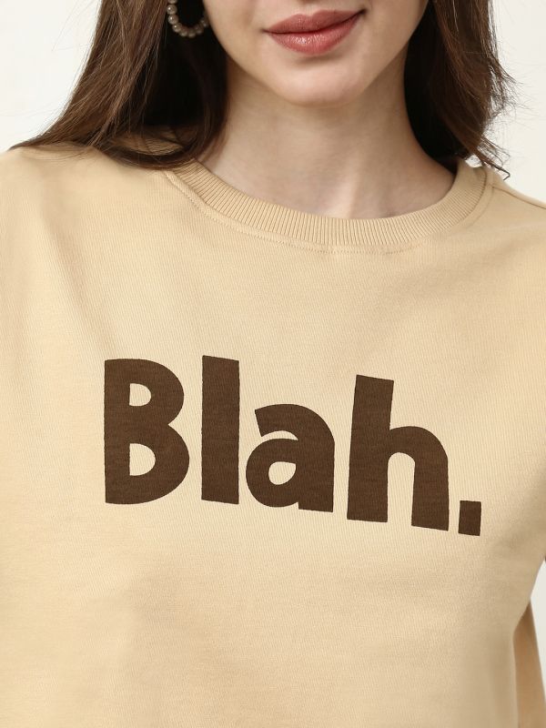 Globus Women Beige Round Neck Short Sleeves Typography Print Oversize T-Shirt