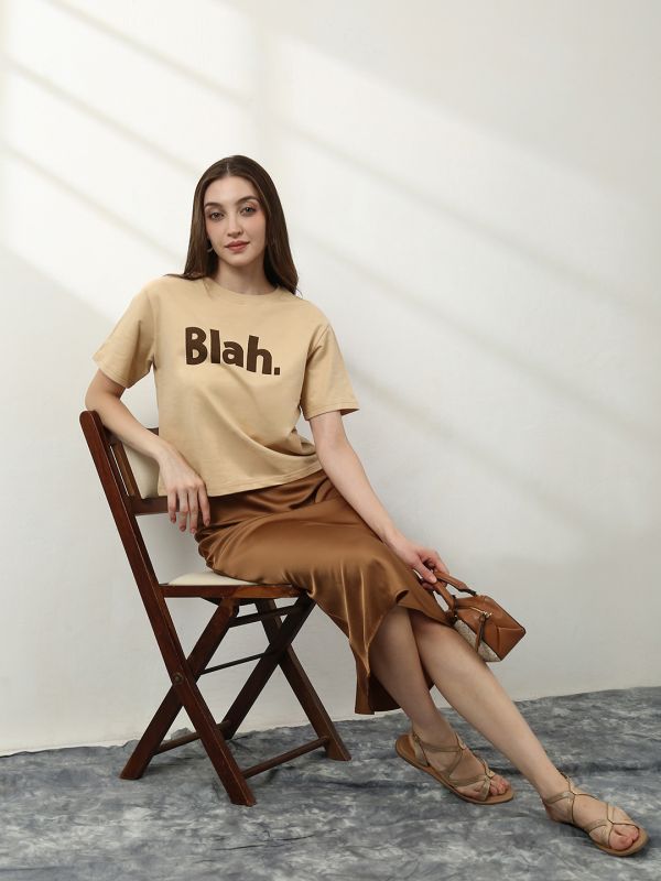 Globus Women Beige Round Neck Short Sleeves Typography Print Oversize T-Shirt