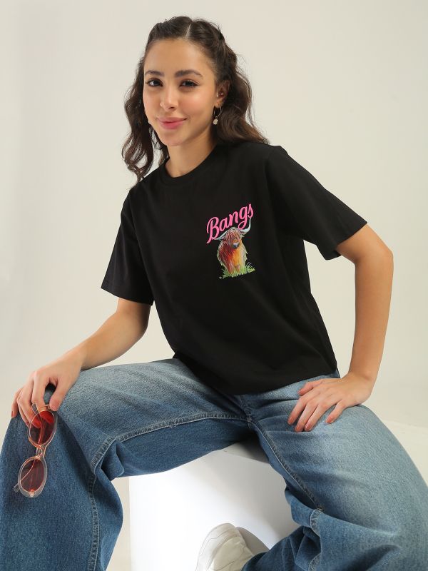 Globus Women Black Round Neck Short Sleeves Graphic Print Oversized Fit T-Shirt