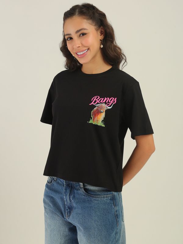 Globus Women Black Round Neck Short Sleeves Graphic Print Oversized Fit T-Shirt