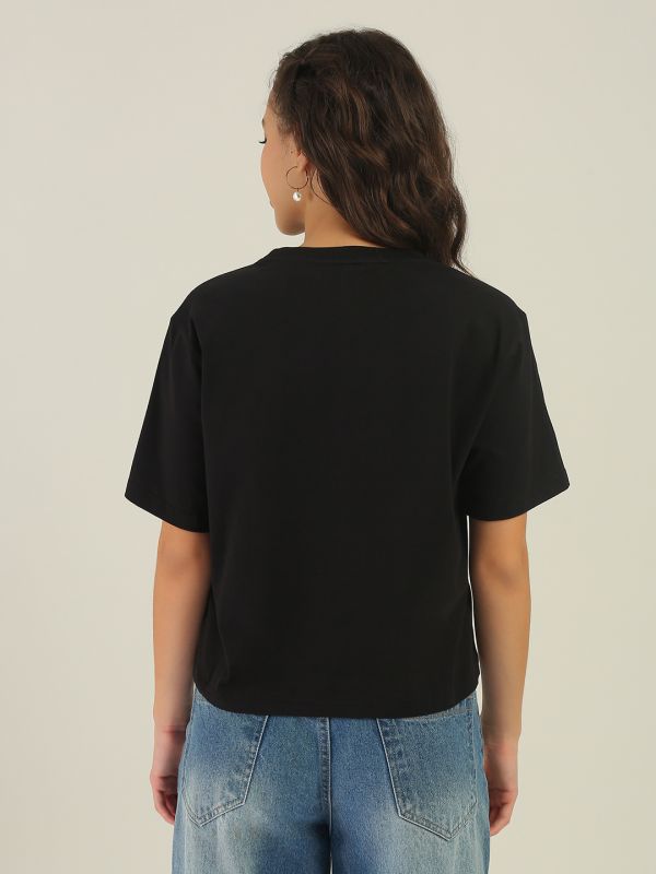 Globus Women Black Round Neck Short Sleeves Graphic Print Oversized Fit T-Shirt