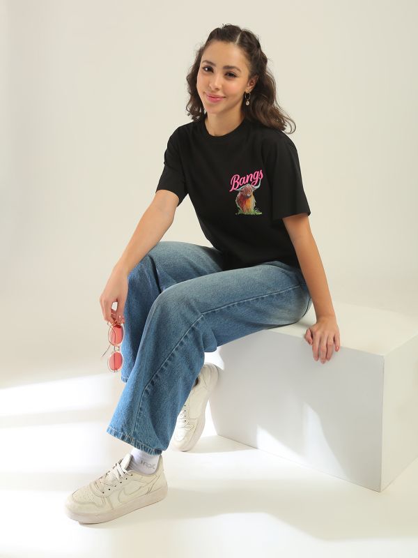 Globus Women Black Round Neck Short Sleeves Graphic Print Oversized Fit T-Shirt