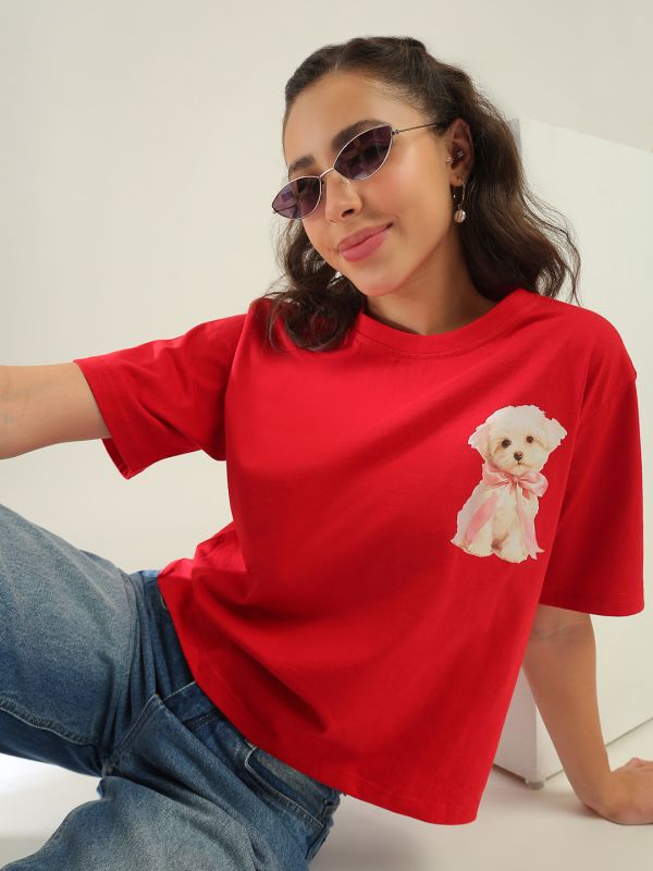 Globus Women Red Round Neck Short Sleeves Graphic Print Oversized Fit T-Shirt