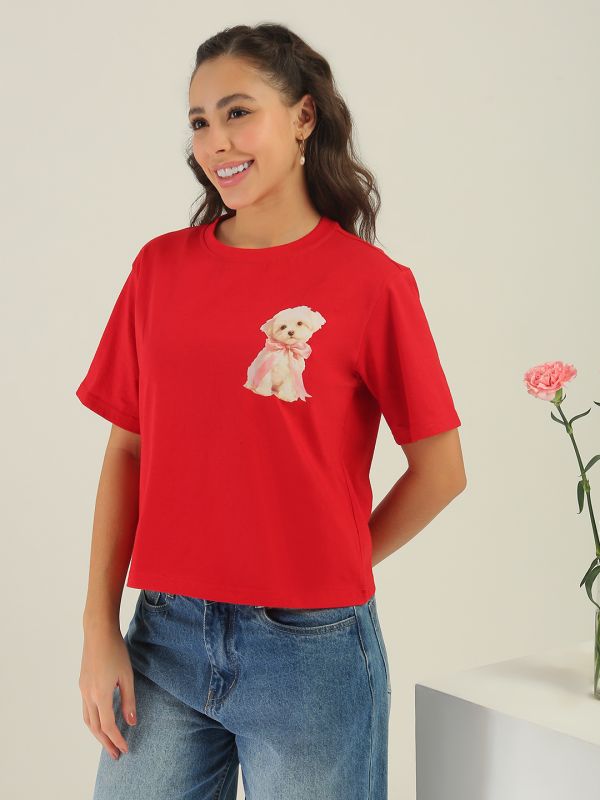 Globus Women Red Round Neck Short Sleeves Graphic Print Oversized Fit T-Shirt
