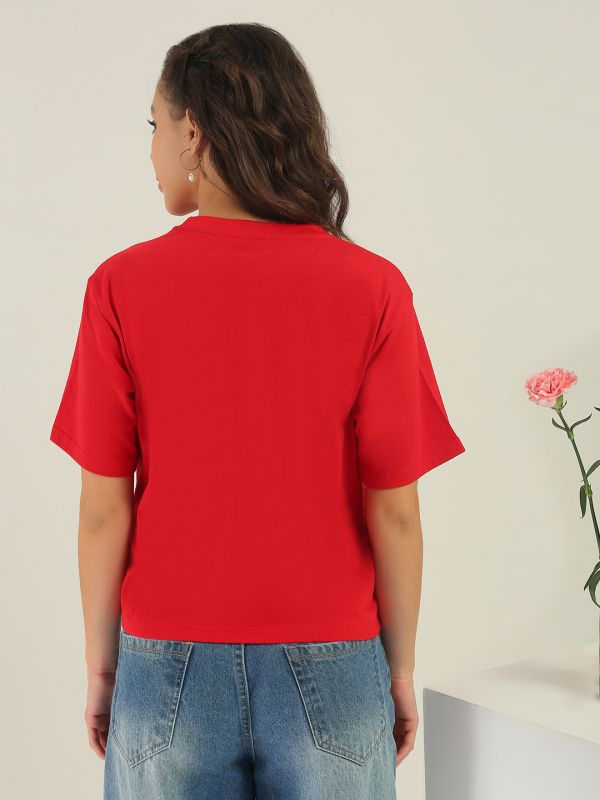 Globus Women Red Round Neck Short Sleeves Graphic Print Oversized Fit T-Shirt