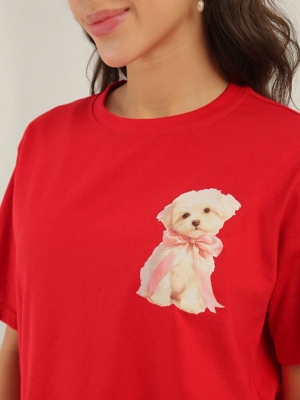 Globus Women Red Round Neck Short Sleeves Graphic Print Oversized Fit T-Shirt