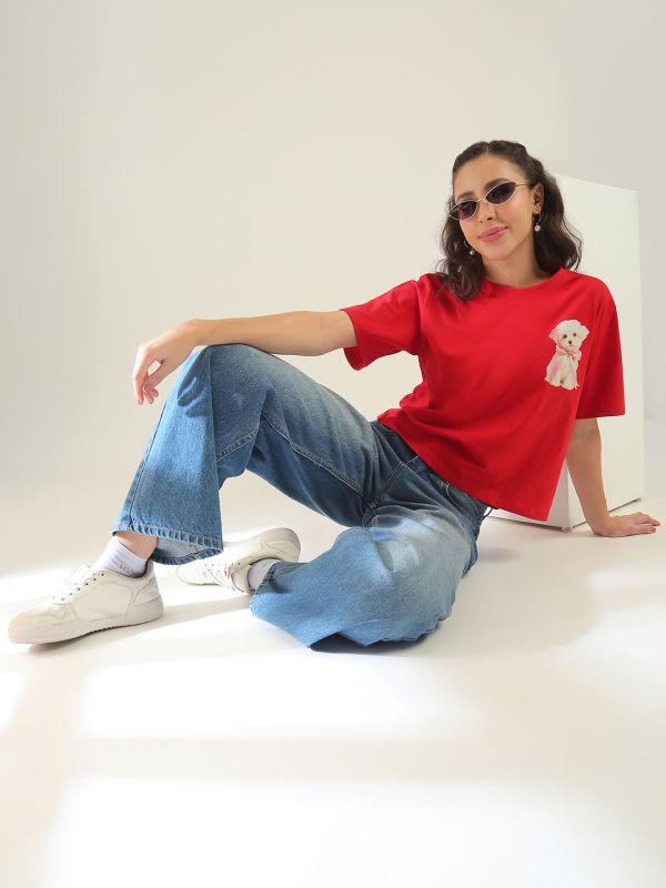 Globus Women Red Round Neck Short Sleeves Graphic Print Oversized Fit T-Shirt