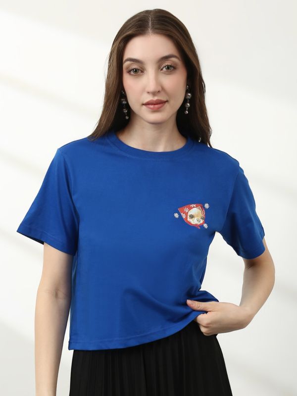 Globus Women Blue Round Neck Short Sleeves Graphic Print Crop T-Shirt