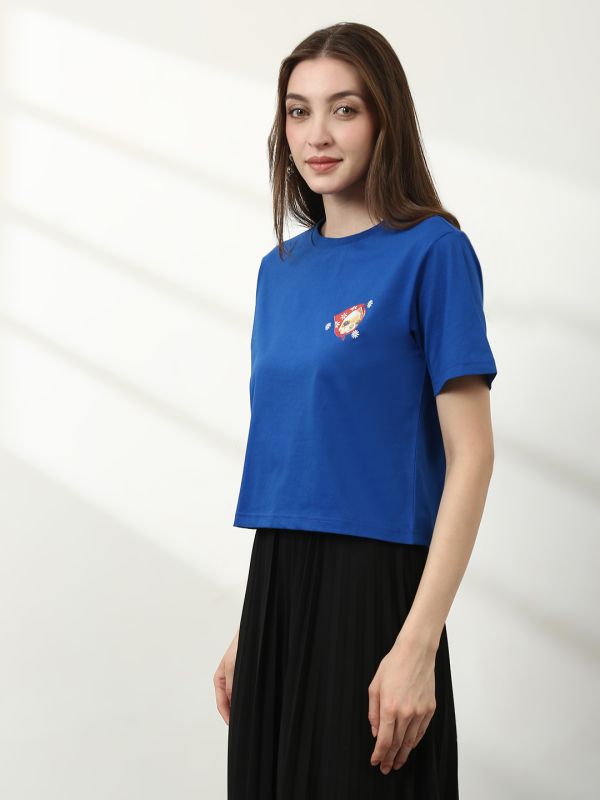 Globus Women Blue Round Neck Short Sleeves Graphic Print Crop T-Shirt