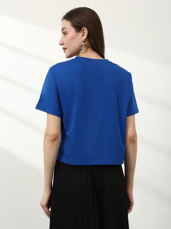 Globus Women Blue Round Neck Short Sleeves Graphic Print Crop T-Shirt