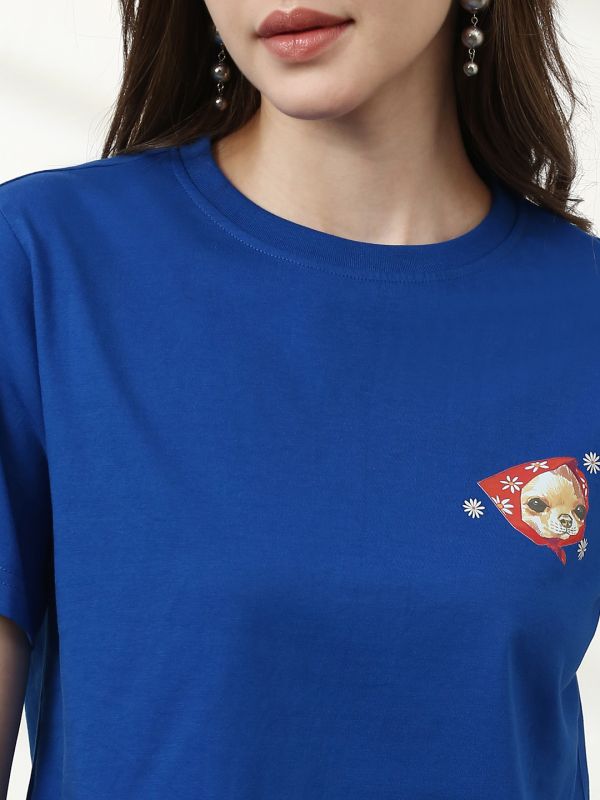 Globus Women Blue Round Neck Short Sleeves Graphic Print Crop T-Shirt